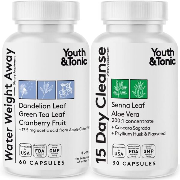 Youth & Tonic Jumpstart Cleanse – Water Weight Away Pills & 15 Day Colon Detox & Gut Cleanser for Bloating, Energy, and Metabolism Support – Aids in Shedding Excess Fluids for a Lighter Body – 90 Caps