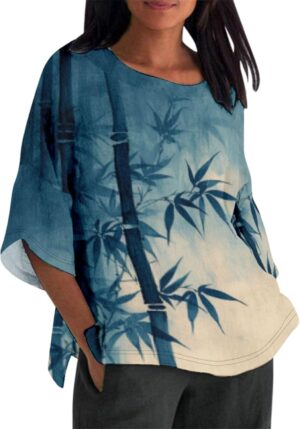 Linen Shirt for Women Crew Neck 3/4 Sleeve Tunic Blouses Casual Loose Fall T-Shirt Tops for Ladies Summer S-5XL