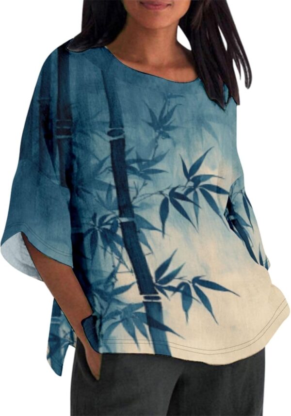 Linen Shirt for Women Crew Neck 3/4 Sleeve Tunic Blouses Casual Loose Fall T-Shirt Tops for Ladies Summer S-5XL