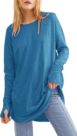 Fisoew Women's Casual Long Sleeve Tops Crew Neck Round Hem Loose T-Shirts Tunic Tops with Thumb Holes