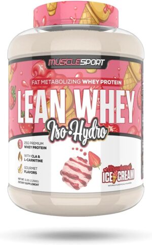 Musclesport Lean Whey Revolution™ Protein Powder - Whey Protein Isolate - Low Calorie, Low Carb, Low Fat, Incredible Flavors - 25g Protein per Scoop - 5lb Strawberry Creme