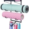 Yoga Mat Holder Wall Mount Yoga Mat Storage Rack Home Gym Accessories with 3 Sectional and 7 Hooks for Hanging Foam Roller and Resistance Bands at Fitness Class or Home Gym