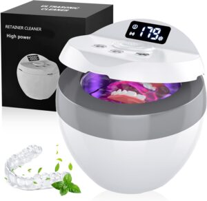 Ultrasonic Retainer Cleaner, 200ML Denture Cleaner for Mouthguard, Aligner and All Dental Appliance with 4 Digital Timer, 45kHz Diamond Cleaner for Rings Jewelry Cleaning, with Cleaning Basket