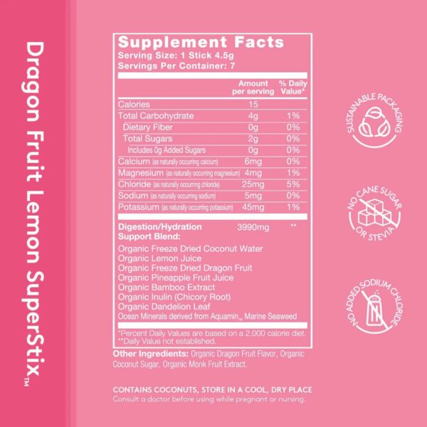 Sol-ti Organic Electrolyte Digestion + Hydration Drink Mix, Superfood Hydration Sticks, SuperStix, Non-GMO, Vegan, Dragon Fruit Lemon, 14 Sticks
