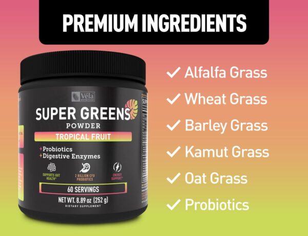 Super Greens Powder | Superfood to Support Digestive Enzymes and Bloating with 2 Billion Probiotics | Support Energy Levels & Gut Health | GMP Certified, Non-GMO | Tropical Fruit Refresher