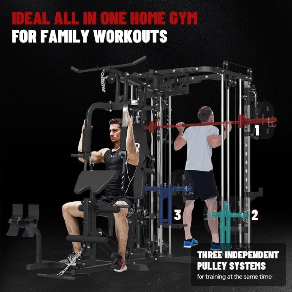 All in One Home Gym System Workout Station, Multi-Function Smithe Machine Power Cage with Cable Crossover System, Tripe-Sided Independent Load Posts, Functional Trainer for Full Body Training