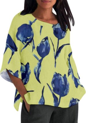 Linen Shirt for Women Crew Neck 3/4 Sleeve Tunic Blouses Casual Loose Fall T-Shirt Tops for Ladies Summer S-5XL
