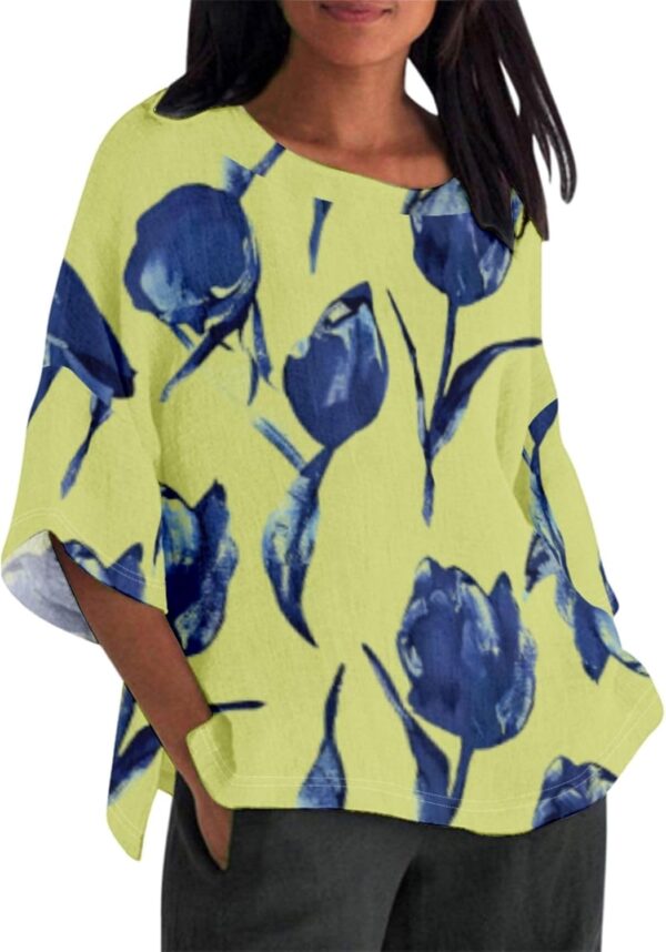 Linen Shirt for Women Crew Neck 3/4 Sleeve Tunic Blouses Casual Loose Fall T-Shirt Tops for Ladies Summer S-5XL