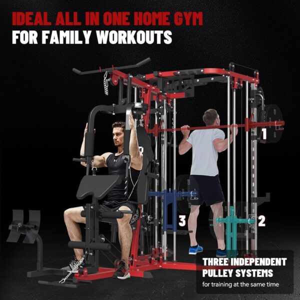 All in One Home Gym System Workout Station, Multi-Function Smithe Machine Power Cage with Cable Crossover System, Tripe-Sided Independent Load Posts, Functional Trainer for Full Body Training