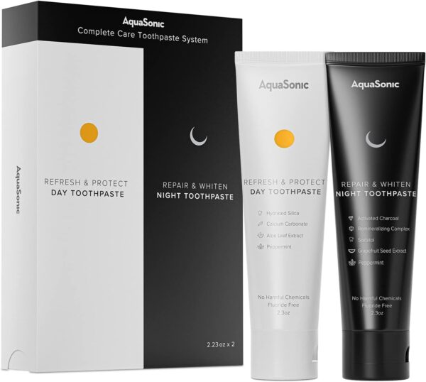 AquaSonic Complete Care Toothpaste - Refresh & Protect Day Toothpaste - Repair & Whiten Night Toothpaste - Flouride Free Natural - Anticavity Antiplaque Reharden Strengthen Whiten Detoxify