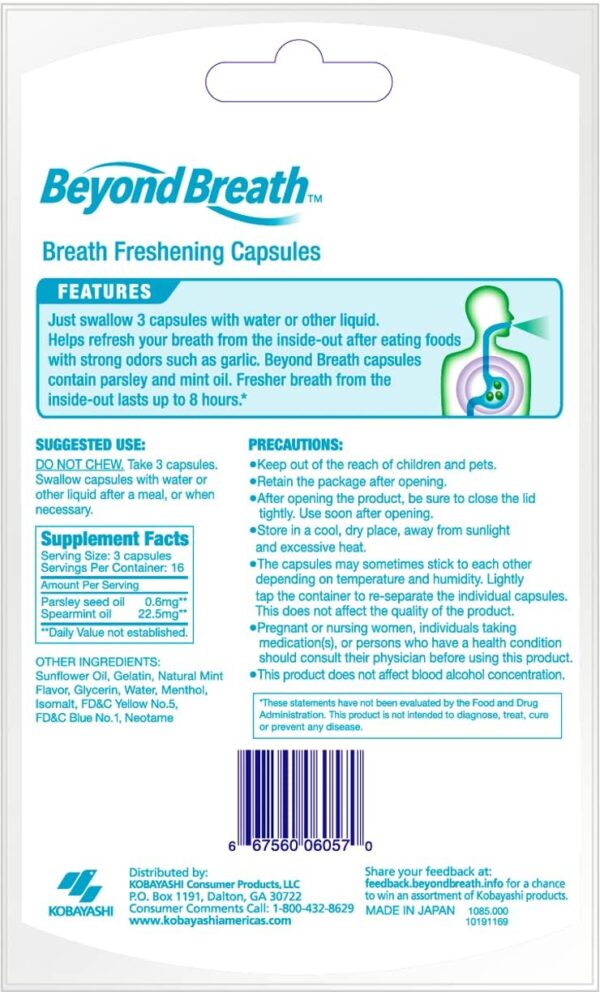 Breath Freshening Capsules, Fresher Breath From Inside-Out, Even Works On Bad Breath From Garlic, Lasts Up To 8 Hours, 50 Capsules