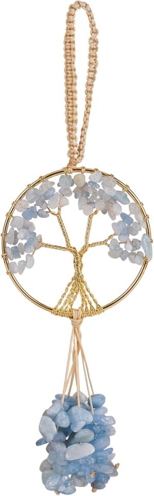 Healing Crystal Ornament Tree of Life Natural Aquamarine Tree of Life Charm Car Rearview Mirror Accessories Hippie Boho Interior Room Wall Ornament Meditation Good Luck Decoration