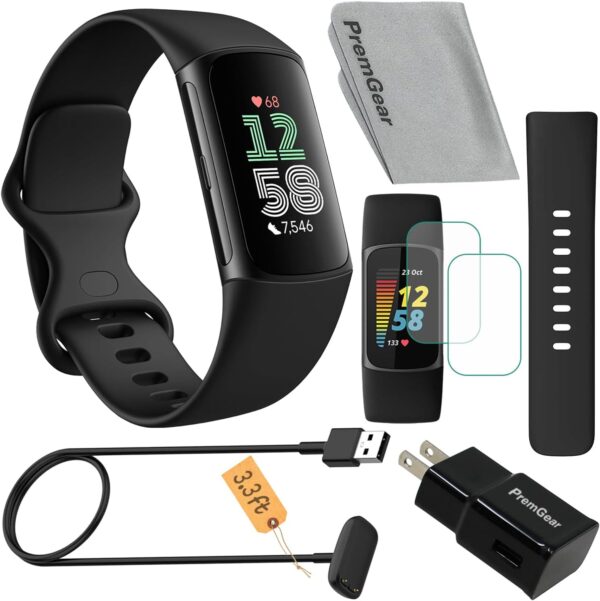 Fitbit Charge 6 Fitness Tracker Watch (Black) Bundle with 2 Watch Bands, 3.3foot Charge Cable, Wall Adapter, Screen Shields & Cloth Compatible with Fitbit