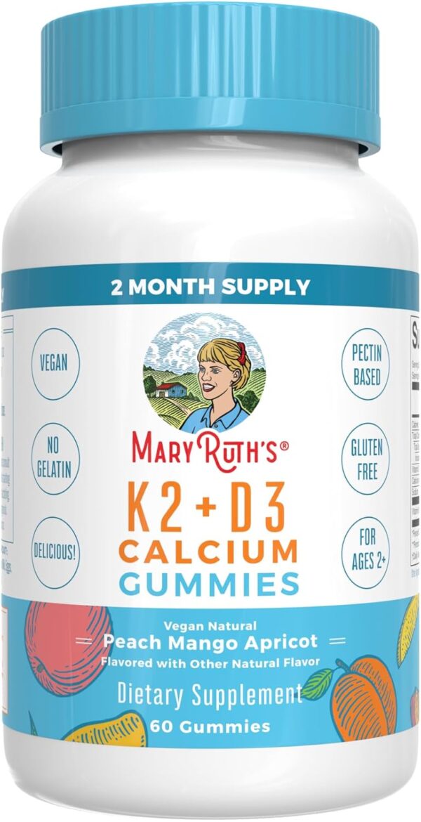 MaryRuth Organics Calcium with Vitamin D & Vitamin K2, 2 Month Supply, Calcium Supplement Supports Bone Health & Joint Support, with Vitamins D3 K2 Gummies, Vegan, Non-GMO, Gluten Free, 60 Count