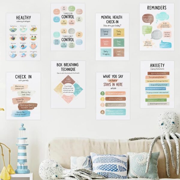 JIANWEI 12pcs Mental Health Posters, 10’’x14’’ School Counselor Supplies, Calm Down Corner Coping Skills Wall Art, Inspirational Posters Motivational Posters for Home Classroom Decoration(as Shown)