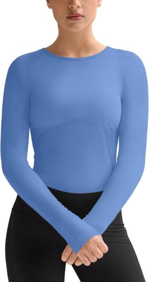 Womens Long Sleeve Workout Tops Slim-Fit Yoga Top Quick Dry Running Athletic Shirt High Stretch