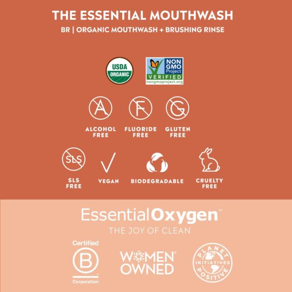 Essential Oxygen, Certified Organic Brushing Rinse, Cinnamint, 16 fl oz, All Natural Mouthwash for Whiter Teeth, Fresher Breath, and Happier Gums, Dentist Recommended, Alcohol-Free, BR (Pack of 1)