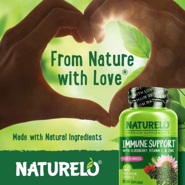 NATURELO Immune Support – Vitamin C, Elderberry, Zinc, Echinacea – Natural Immunity Boost w/Antioxidant, Herbal & Mineral Defense - 60 Vegan Capsules (Pack of 2)