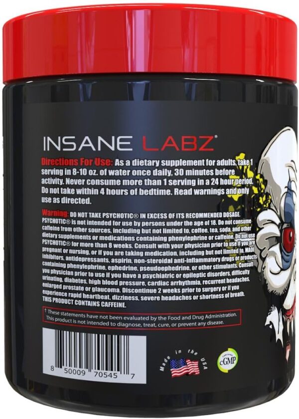 Insane Labz Psychotic, High Stimulant Pre Workout Powder, Extreme Lasting Energy, Focus and Endurance with Beta Alanine, Creatine Monohydrate, DMAE, 35 Srvgs (Strawberry Lemonade)