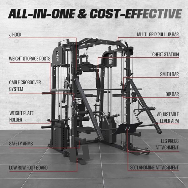 Commercial Smithmachine with Smithe Bar, Home Gym Station with Dual Weight Stacks, 4000LBS Power Cage Squat Rack with Lever Arm, Leg Press, LAT Pull Down, Cable Crossover for Full Body Training