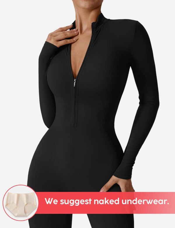 YEOREO Women Long Sleeve Workout Jumpsuit Zip Up Romper Bottom Pants Bodysuit Bodycon Sexy One Piece