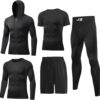 JULY'S SONG Men Compression Workout Set 5 PCS Dry Quick Shirt Pants Shorts Tights Jacket Clothes for Gym