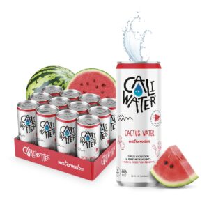 Caliwater - Organic Cactus Water - Watermelon - 5g Sugar, 35 Calories - Half Sugar of Coconut Water - Natural Plant Based Hydration - Skin Care, Electrolyte Drinks - Flavored Water Beverages - 12 Cans