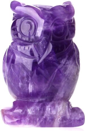 QINJIEJIE 2" Amethyst Owl Decor Crystals Stone Figurines Carved Gemstone Owls Statue Healing Home Room Sculpture Natural Lucky Owl Decorations Cute Purple Office Desk for Women Men