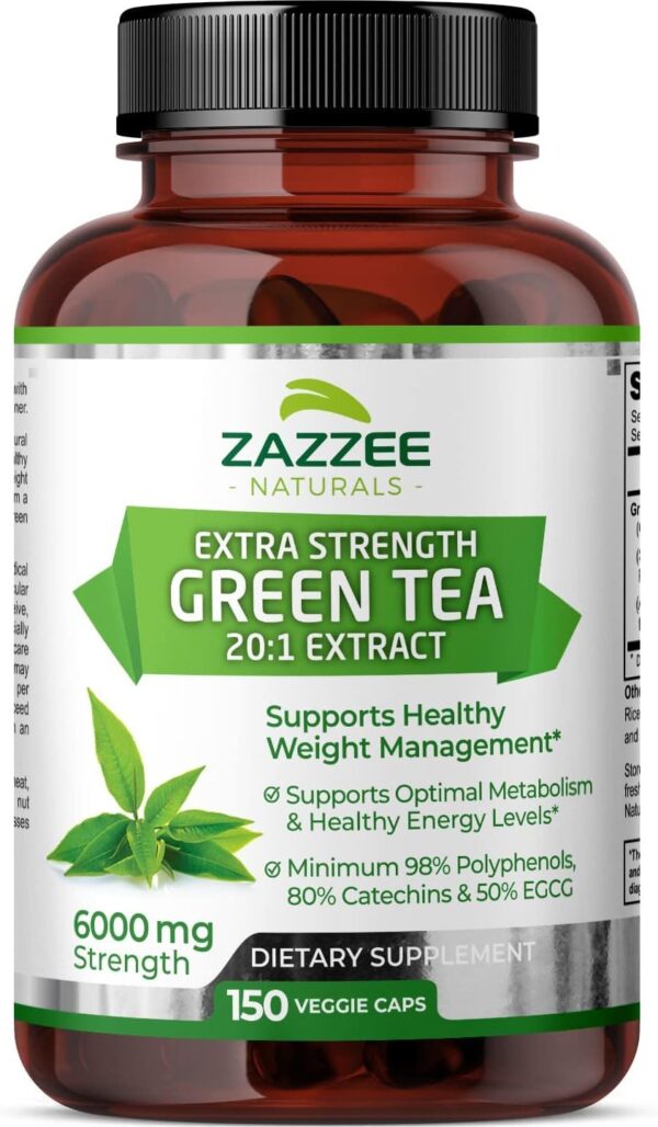 Zazzee Extra Strength Green Tea 20:1 Extract, 6000 mg Strength, 50% EGCG, 98% Polyphenols and 80% Catcehins, 150 Vegan Capsules, 5 Month Supply, Standardized and Concentrated 20X Potency, Non-GMO