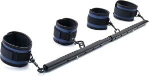 Spreader Bar Heavy Duty Stainless Steel Expandable Silver Bar Home Gym with 4pcs PU Purple Adjustable Strap,Sports Aid Training Fitness Gear Pilates Aid Kit,Yoga Set (Black+Blue PU Kit)