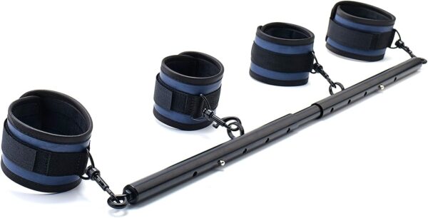 Spreader Bar Heavy Duty Stainless Steel Expandable Silver Bar Home Gym with 4pcs PU Purple Adjustable Strap,Sports Aid Training Fitness Gear Pilates Aid Kit,Yoga Set (Black+Blue PU Kit)