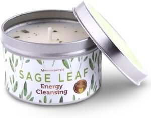 Magnificent 101 Sage Leaf Energy Cleansing Candle in 6-oz. Tin Holder: 100% Natural Soy Wax with Pure White Sage Leaves & Essential Oils for Smudging and Intention Setting; Great Housewarming Gift