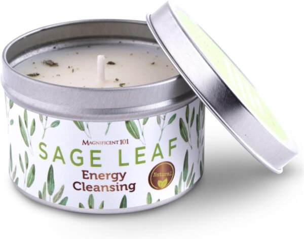 Magnificent 101 Sage Leaf Energy Cleansing Candle in 6-oz. Tin Holder: 100% Natural Soy Wax with Pure White Sage Leaves & Essential Oils for Smudging and Intention Setting; Great Housewarming Gift