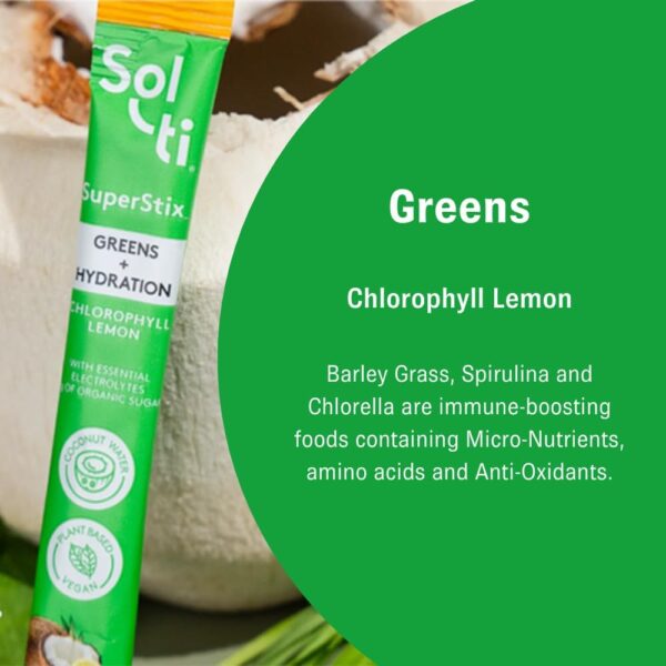 Sol-ti Organic Electrolyte Greens + Hydration Drink Mix, Superfood Hydration Sticks, SuperStix, Non-GMO, Vegan, Chlorophyll Lemon, 14 Sticks