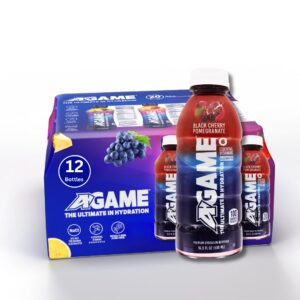 A-GAME Sports Drink, Black Cherry Pomegranate, The Ultimate Hydration Sports Beverage for Athletes, 8 Essential Vitamins including B, C, & E plus Natural Sea Salt Electrolytes, All Natural Flavors & Sweeteners, Gluten Free, 16.9 Fl Oz (Pack of 12)