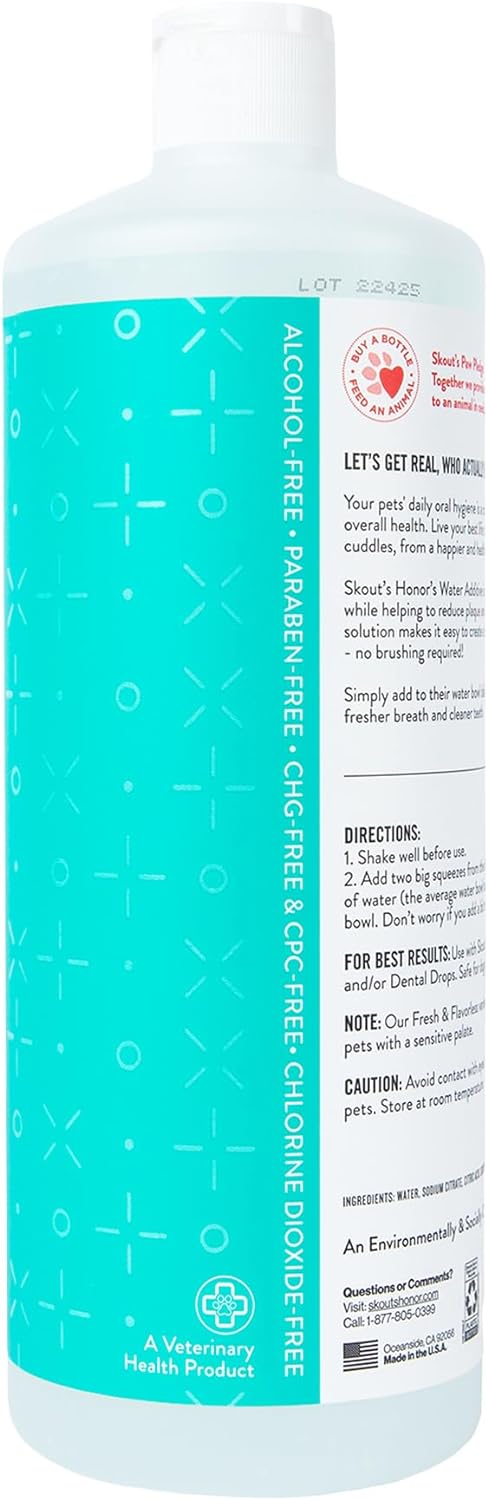 SKOUT'S HONOR Fresh & Flavorless Water Additive - VOHC Accepted for Tartar Control, Freshens Breath Fast, No Brushing Required, 32 oz