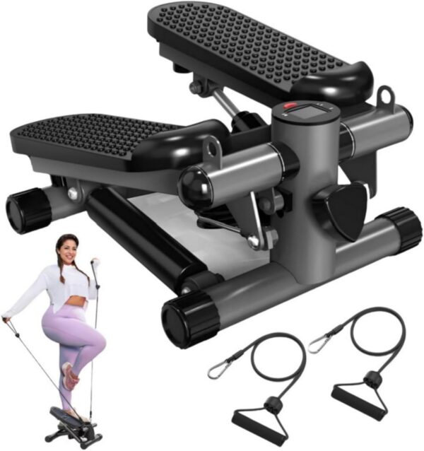 Steppers for Exercise at Home, Mini Stair Stepper with Resistance Bands Workout Equipment Up to 300LBS Loading Capacity, Hydraulic Fitness Stepper with LCD Monitor, Dark Gray