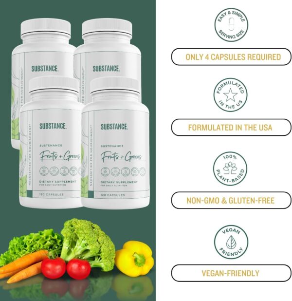 Nature's Sustenance Daily Greens, Fruits & Veggies Supplement - Superfood Vitamin Capsules - Enhance Energy, Mental Clarity, & Overall Wellness - US Made, Vegan-Friendly - 120 Servings.