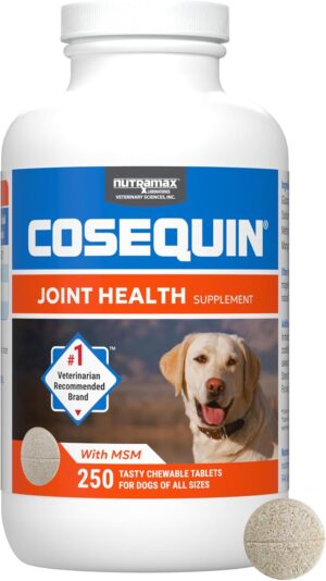 Nutramax Laboratories Cosequin Maximum Strength Joint Health Supplement for Dogs - With Glucosamine, Chondroitin, and MSM, 250 Chewable Tablets