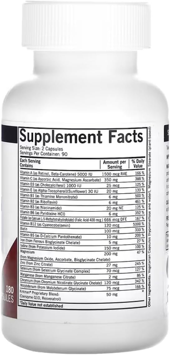 Kirkman - Advanced Adult Multivitamin & Mineral with 5-MTHF - 180 Capsules - Potent Broad Spectrum Vitamin/Mineral Supplement - Supports Cell Turnover - Hypoallergenic