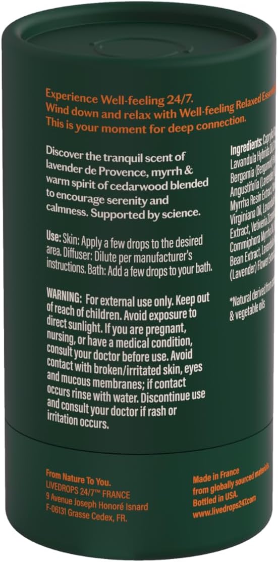 LIVEDROPS 24/7 Relaxed Essential Oil Blend - Tranquil Scent of Lavender, Myrrh & Cedarwood - Aromatherapy - Crafted in France - Pure & Natural - Apply Directly on Skin or in Diffuser