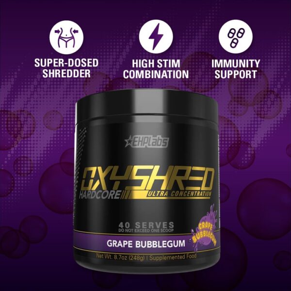EHP Labs OxyShred Hardcore Super Dosed Pre Workout Powder - Preworkout Powder with L Glutamine & Acetyl L Carnitine, Energy Boost Drink - 275mg of Caffeine - Grape Bubblegum, 40 Servings