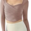LASLULU Womens Mesh Long Sleeve Workout Tops Sexy Sweetheart Neck Double Lined Athletic Yoga Gym Tops with Built in Bra