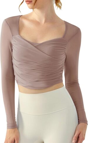 LASLULU Womens Mesh Long Sleeve Workout Tops Sexy Sweetheart Neck Double Lined Athletic Yoga Gym Tops with Built in Bra