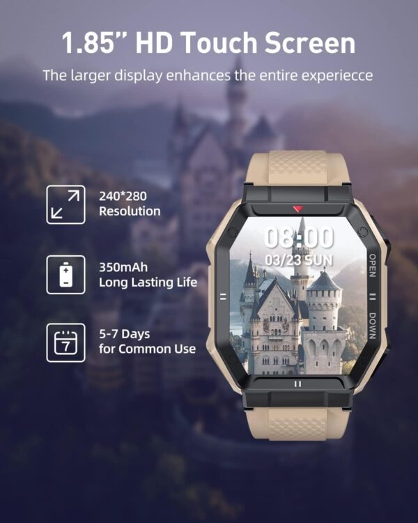Smart Watch with 1.85'' HD Screen, Fitness Tracker/Bluetooth Call/Sports Mode, Men's Tactical Smart Watches for iOS Android Samsung
