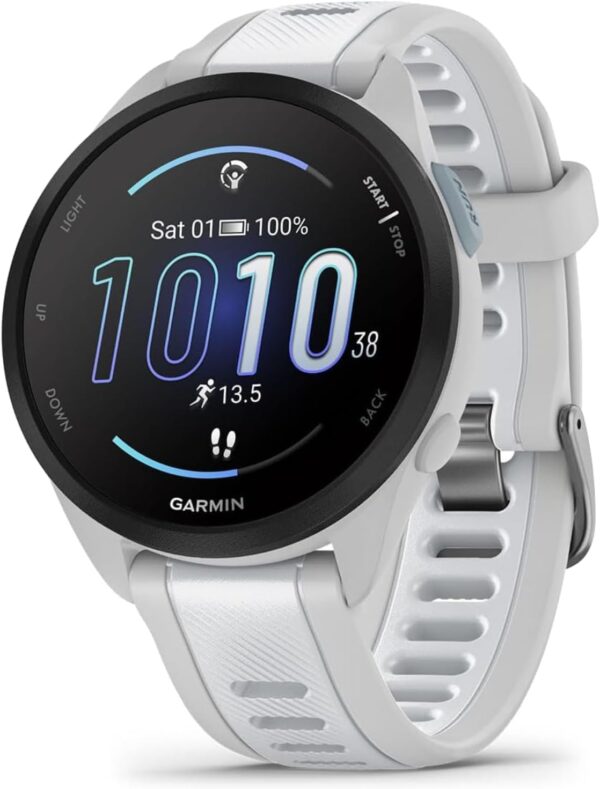 Garmin Forerunner 165 Running Smartwatch, Colorful AMOLED Touchscreen, Training Metrics and Recovery Insights Includes Wearable4U PowerPack +Adapters Bundle, Mist Gray/Whitestone