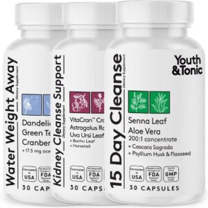 Youth & Tonic Diuretic Full Body Cleanse Detox Pills for Bloating, Puffiness and Swelling, System Flush for Colon, Kidney and Liver Detoxing, 30 Day Supply with Green Tea, Senna, Dandelion, Cranberry