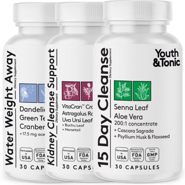 Youth & Tonic Diuretic Full Body Cleanse Detox Pills for Bloating, Puffiness and Swelling, System Flush for Colon, Kidney and Liver Detoxing, 30 Day Supply with Green Tea, Senna, Dandelion, Cranberry