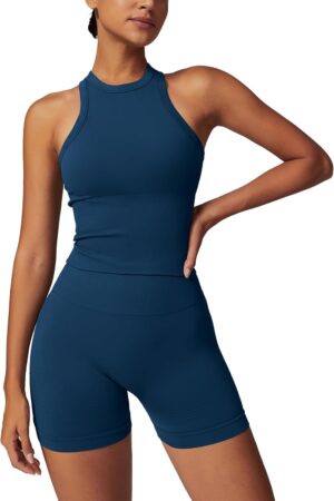 Womens Workout Sets Racer-back Tank Top Matching High Waist Biker Shorts Gym Yoga Jogger Outfits Work Out Clothes