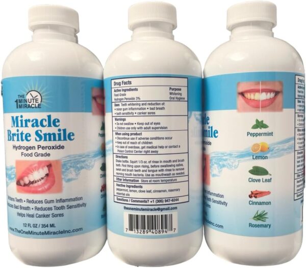 Miracle Brite Smile - 3% Hydrogen Peroxide Medical Food Grade, Peppermint, Lemon, Clove Leaf, Cinnamon and Rosemary